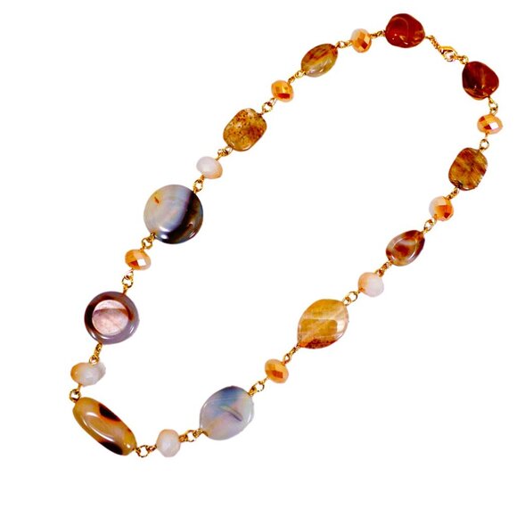 A mix of beige, brown, and off white bead necklace with glass and stone - Picture 2 of 13